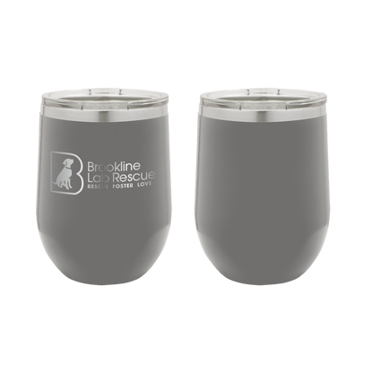 Dark gray laser engraved 12 oz wine tumbler featuring the Brookline Lab Rescue logo