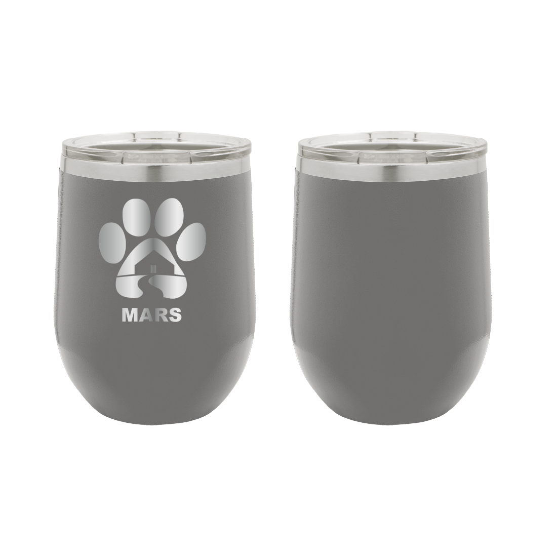 Dark gray 12 ounce laser engraved wine tumbler with the Midwest Animal Rescue & Services (MARS) logo.