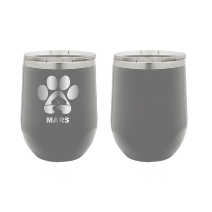 Dark gray 12 ounce laser engraved wine tumbler with the Midwest Animal Rescue & Services (MARS) logo.