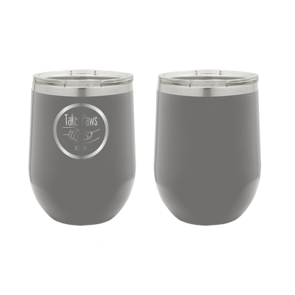 Dark Gray  12 oz wine tumbler laser engraved  tumbler featuring the Take Paws Rescue logo