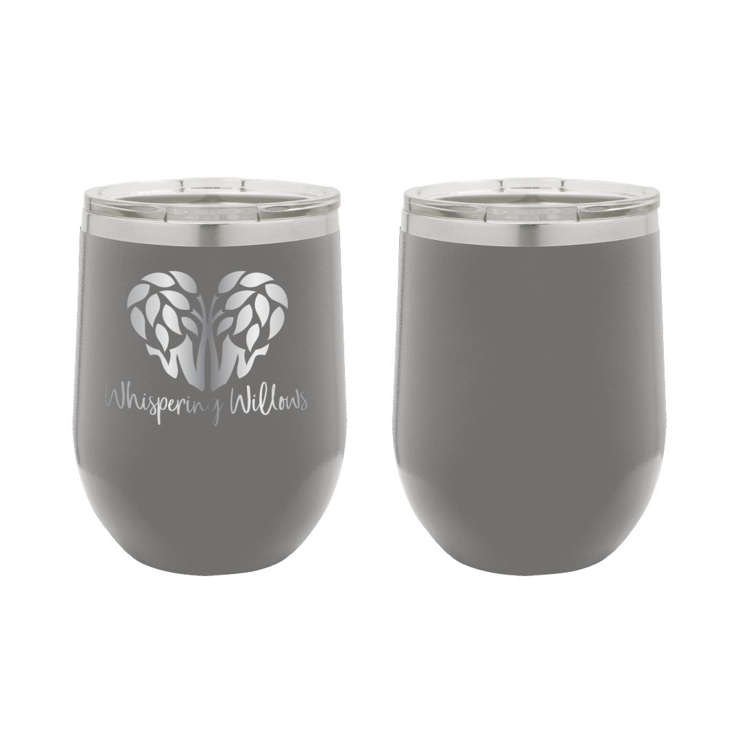 Dark Gray laser engraved 12 oz wine tumbler featuring the Whispering Willows logo.