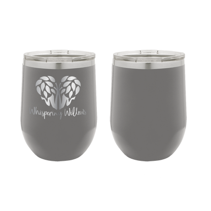 Dark Gray laser engraved 12 oz wine tumbler featuring the Whispering Willows logo.