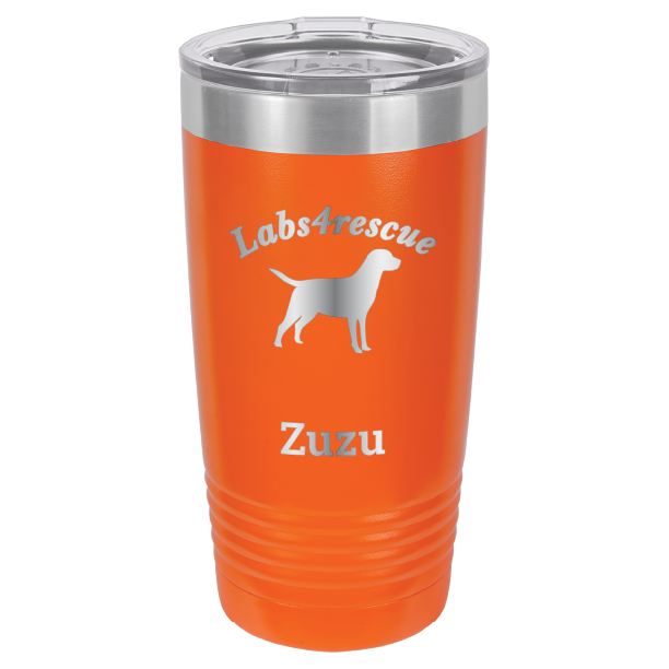 Orange laser engraved 20 oz tumbler featuring the Labs4rescue logo and the name Zuzu. 