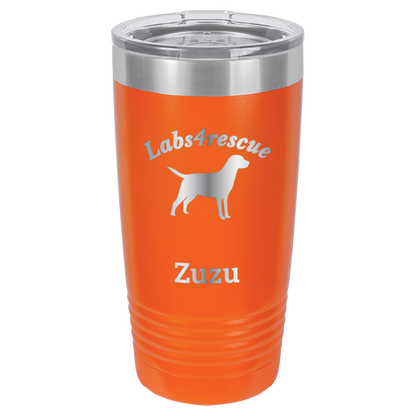 Orange laser engraved 20 oz tumbler featuring the Labs4rescue logo and the name Zuzu. 