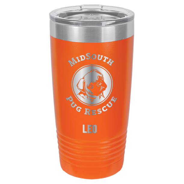Orange laser engraved 20 oz tumbler featuring the MidSouth Pug Rescue logo and the name Leo.
