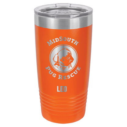 Orange laser engraved 20 oz tumbler featuring the MidSouth Pug Rescue logo and the name Leo.