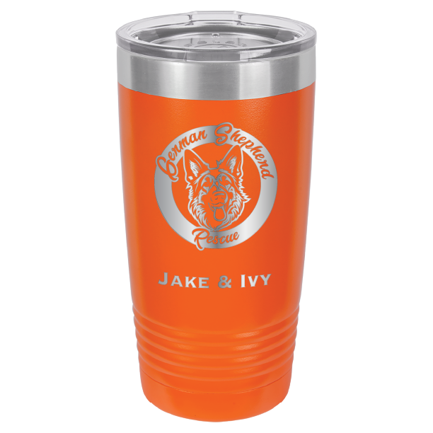 Laser Engraved orange 20 oz tumbler with German Shepherd Rescue and the names Jake and Ivy