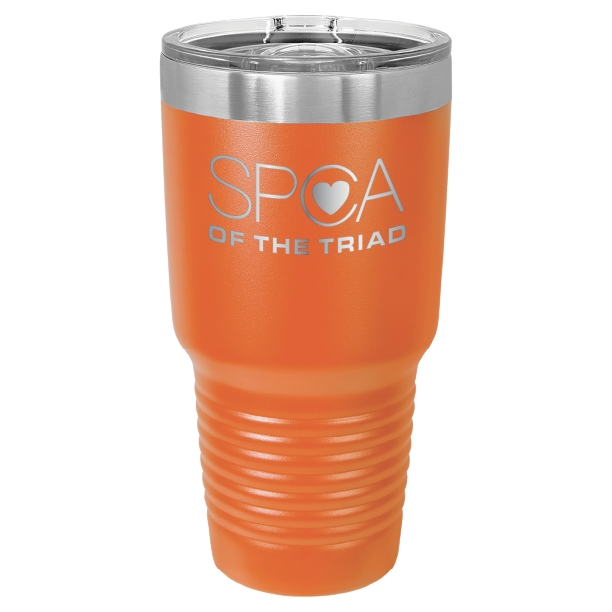 Orange 30 oz laser engraved tumbler featuring the SPCA of the Triad logo.