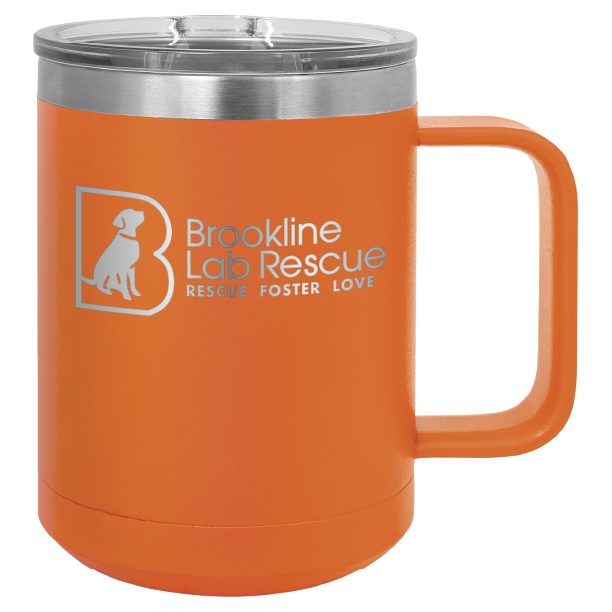 Orange laser engraved 15 of coffee cup featuring the Brookline Lab Rescue logo