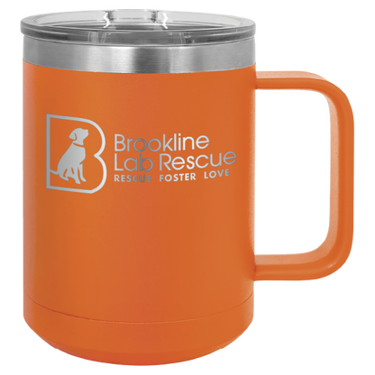 Orange laser engraved 15 of coffee cup featuring the Brookline Lab Rescue logo