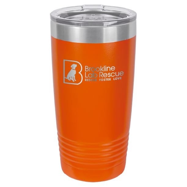 Orange  laser engraved 20 ounce tumbler featuring the Brookline Lab Rescue logo