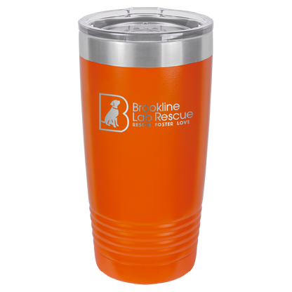 Orange  laser engraved 20 ounce tumbler featuring the Brookline Lab Rescue logo