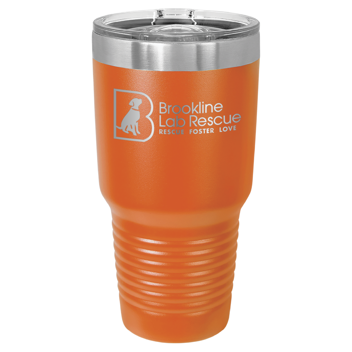 Orange laser engraved 30 oz tumbler featuring the Brookline Lab Rescue logo