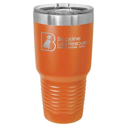 Orange laser engraved 30 oz tumbler featuring the Brookline Lab Rescue logo