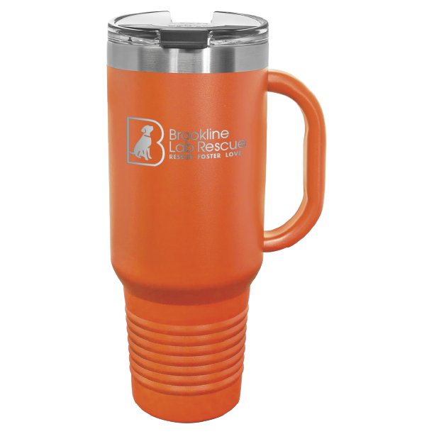 Orange laser engraved 40 oz tumbler with handle featuring the Brookline Lab Rescue logo