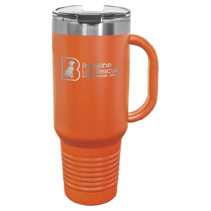 Orange laser engraved 40 oz tumbler with handle featuring the Brookline Lab Rescue logo