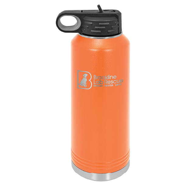 Orange laser engraved 40 oz water bottle featuring the Brookline Lab Rescue logo