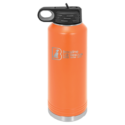 Orange laser engraved 40 oz water bottle featuring the Brookline Lab Rescue logo