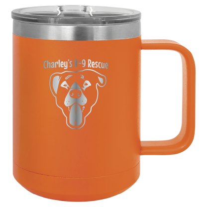 Orange 15 oz coffee cup laser engraved  tumbler featuring the Charley's K9 Rescue logo