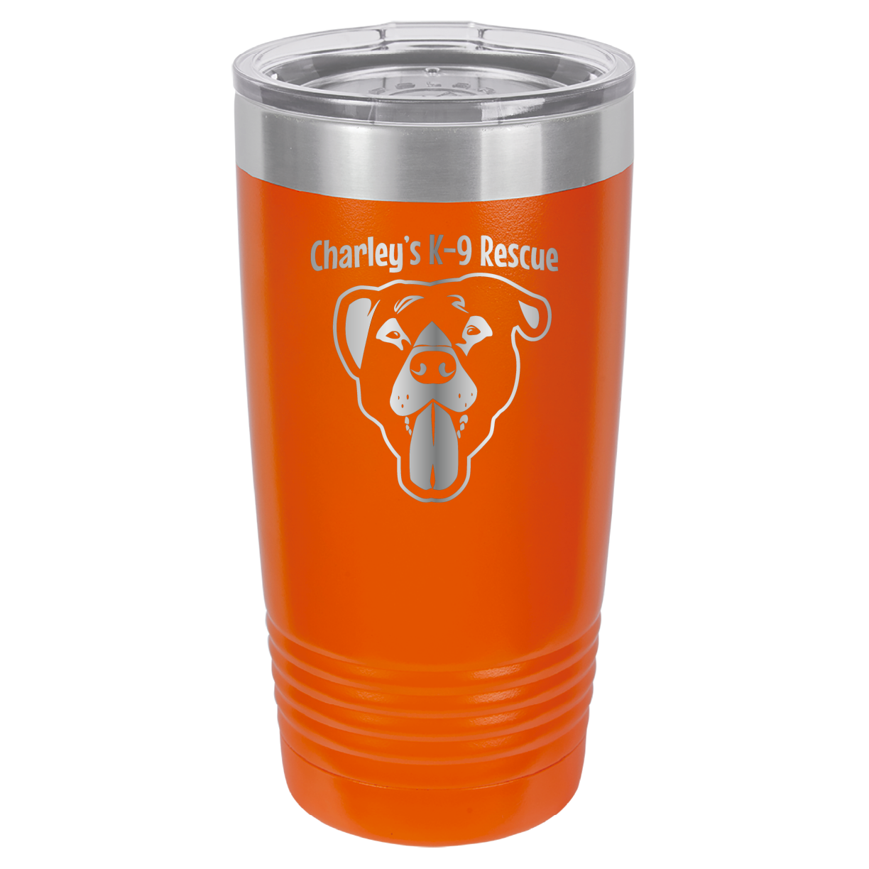 Orange 20 ounce tumbler laser engraved  featuring the Charley's K9 Rescue logo