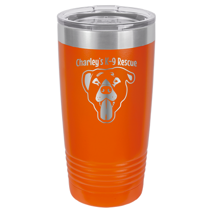 Orange 20 ounce tumbler laser engraved  featuring the Charley's K9 Rescue logo