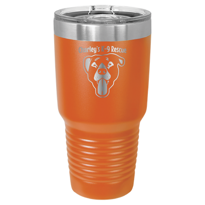 Orange 30 oz tumbler laser engraved  tumbler featuring the Charley's K9 Rescue logo