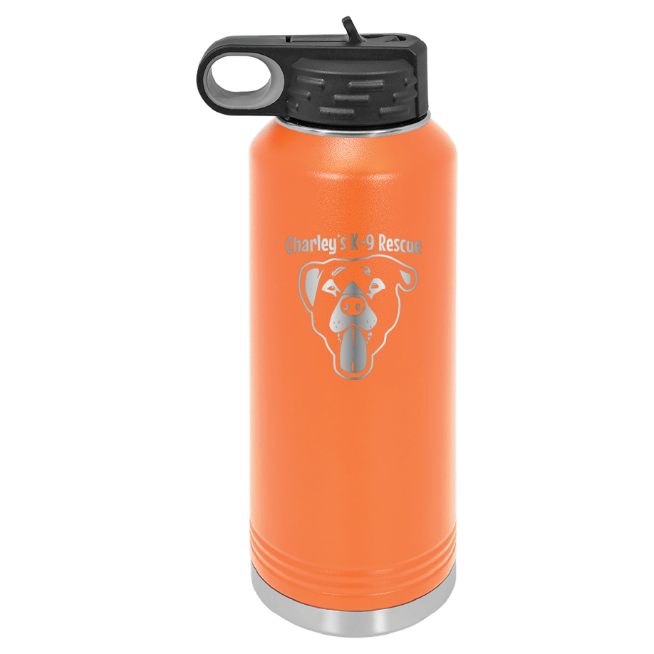 Orange 40 oz water bottle laser engraved  tumbler featuring the Charley's K9 Rescue logo