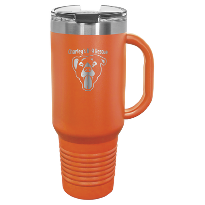 Orange 40 oz tumbler with handle laser engraved  tumbler featuring the Charley's K9 Rescue logo