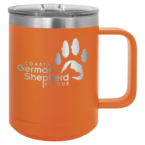 Orange 15 ounce laser engraved coffee mug, featuring the with the Coastal German Shpherd Rescue of Orange County logo