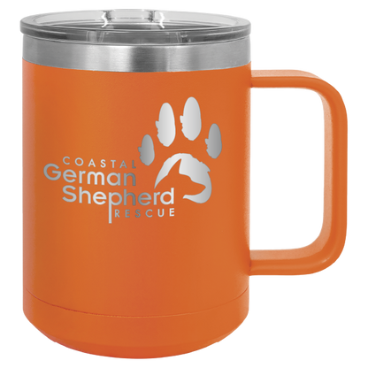 Orange 15 ounce laser engraved coffee mug, featuring the with the Coastal German Shpherd Rescue of Orange County logo