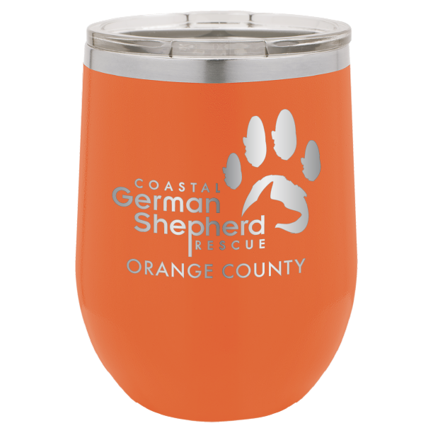 12 oz Wine tumbler laser engraved with the Coastal German Shepherd Rescue of Orange County logo, in orange