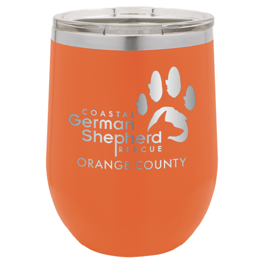 12 oz Wine tumbler laser engraved with the Coastal German Shepherd Rescue of Orange County logo, in orange