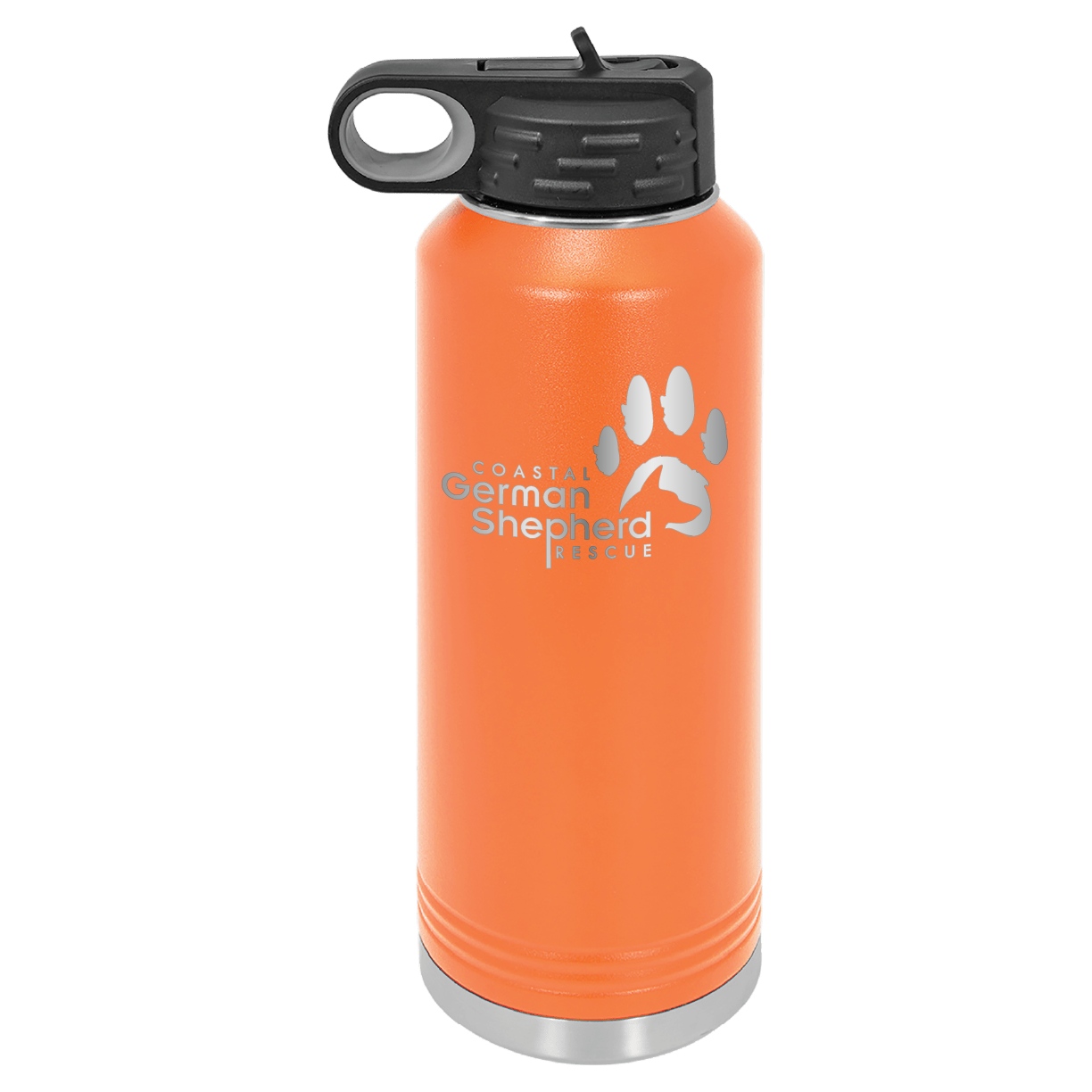 Orange 40 ounce laser engraved water bottle, featuring the with the Coastal German Shpherd Rescue of Orange County logo