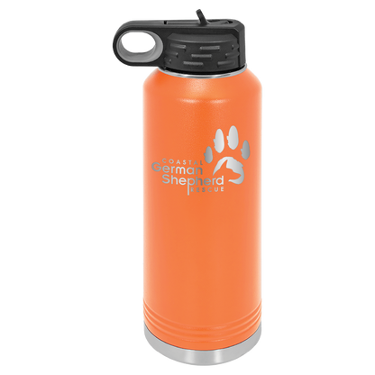 Orange 40 ounce laser engraved water bottle, featuring the with the Coastal German Shpherd Rescue of Orange County logo