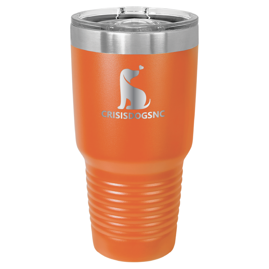 Orange 30 oz laser engraved tumbler with the Crisis Dogs NC logo.