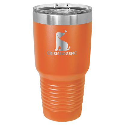 Orange 30 oz laser engraved tumbler with the Crisis Dogs NC logo.