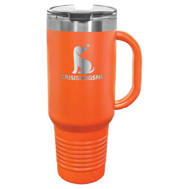 Orange laser engraved 40 oz travel mug featuring the Crisis Dogs NC logo.