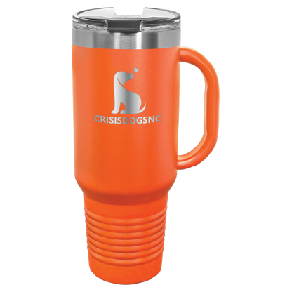 Orange laser engraved 40 oz travel mug featuring the Crisis Dogs NC logo.