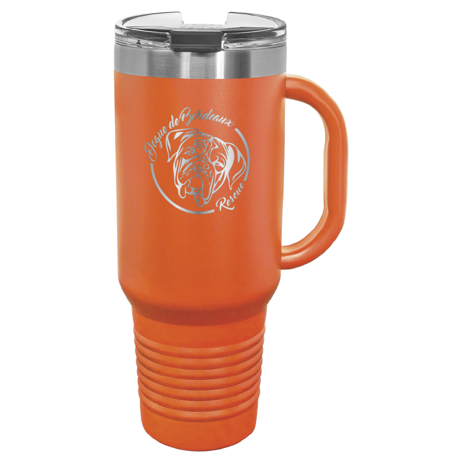 Orange 40 oz laser engraved water bottle featuring the Dogue de Bordeaux Rescue, Inc. logo