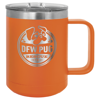 Orange 15 oz laser engraved coffee cup featuring the DFW Pug Rescue logo