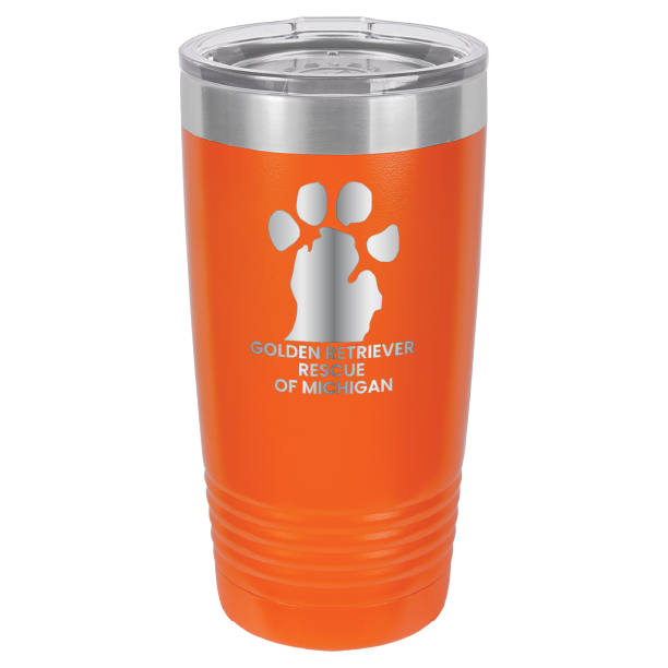 Orange 20 Oz laser engraved tumbler with the Golden Retriever Rescue of Michigan logo