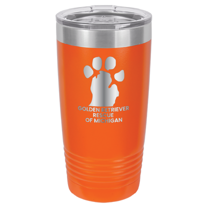 Orange 20 Oz laser engraved tumbler with the Golden Retriever Rescue of Michigan logo