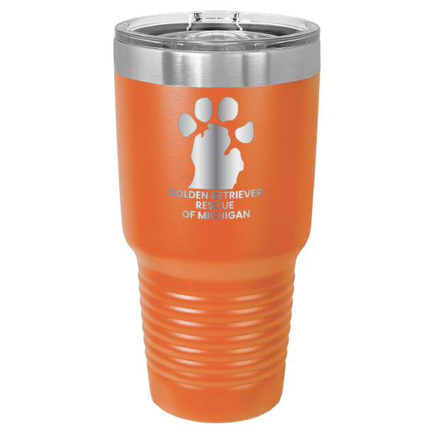 Orange 30 laser engraved tumbler featuring the Golden Retriever Rescue of Michigan logo