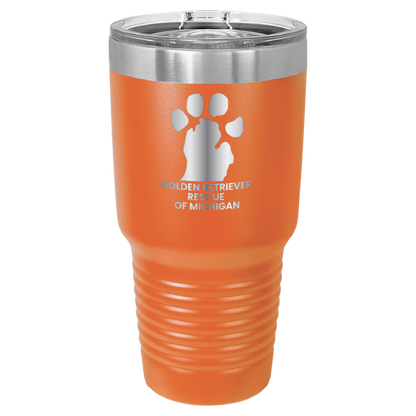 Orange 30 laser engraved tumbler featuring the Golden Retriever Rescue of Michigan logo