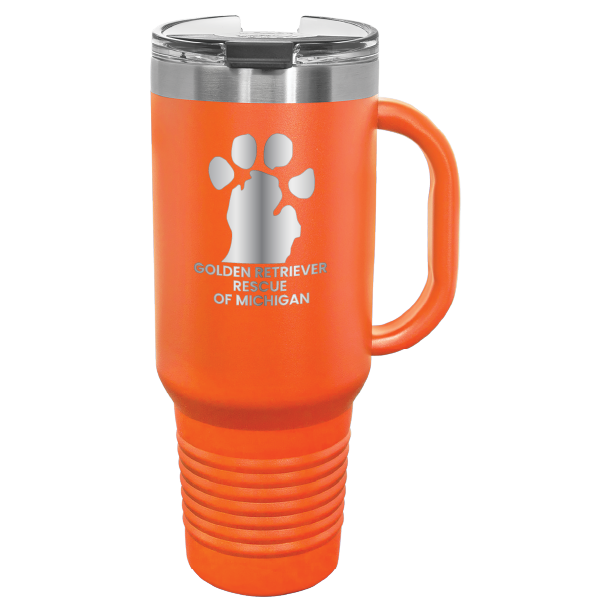 Orange 40 Oz laser engraved tumbler featuring the  Golden Retriever Rescue of Michigan (GRRoM) logo