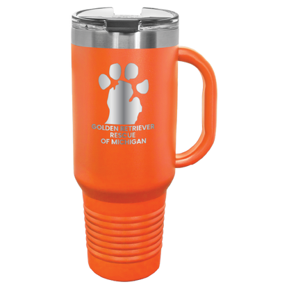 Orange 40 Oz laser engraved tumbler featuring the  Golden Retriever Rescue of Michigan (GRRoM) logo