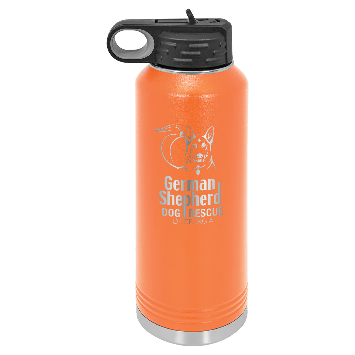 40 Oz Laser engraved water bottle featuring the German Shepherd Dog Rescue of Georgia, in Orange