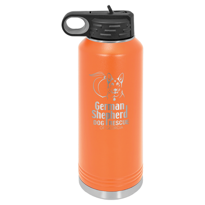 40 Oz Laser engraved water bottle featuring the German Shepherd Dog Rescue of Georgia, in Orange