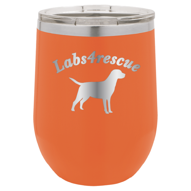 12 oz laser engraved wine tumbler with the labs4rescue logo, in orange