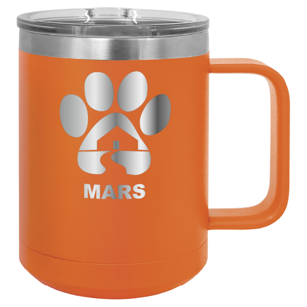 Orange 15 ounce laser engraved coffee mug with the Midwest Animal Rescue & Services (MARS) logo.